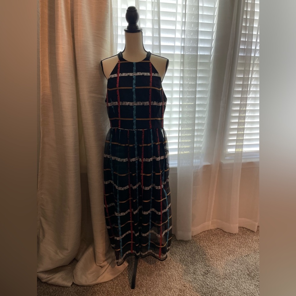 Nicole Miller Plaid Like High Neck Keyhole Tie Back Midi Dress Size 12